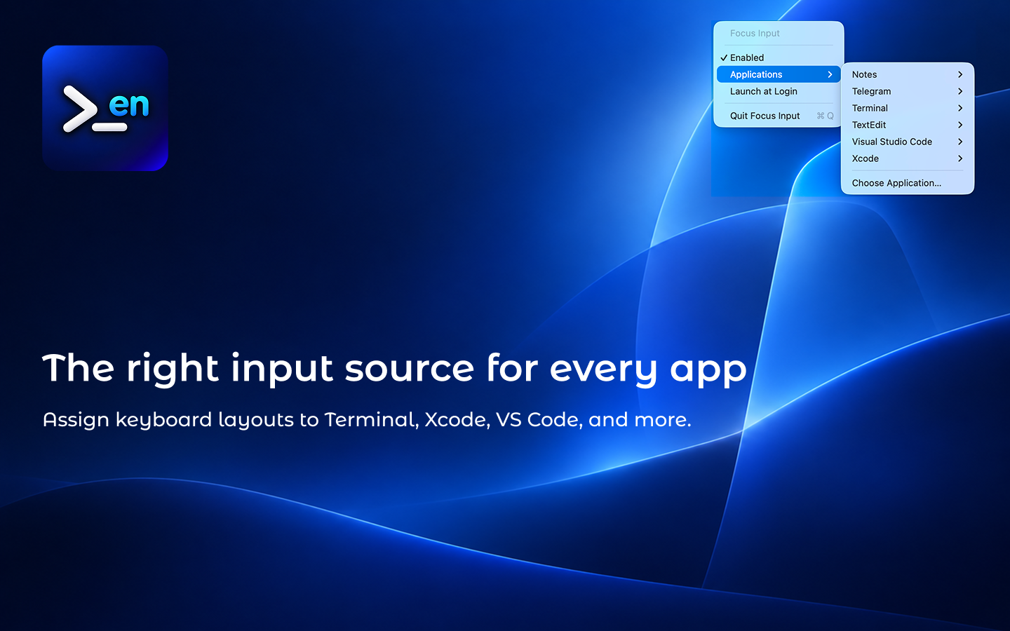 Focus Input menu showing installed applications that can receive keyboard input-source rules