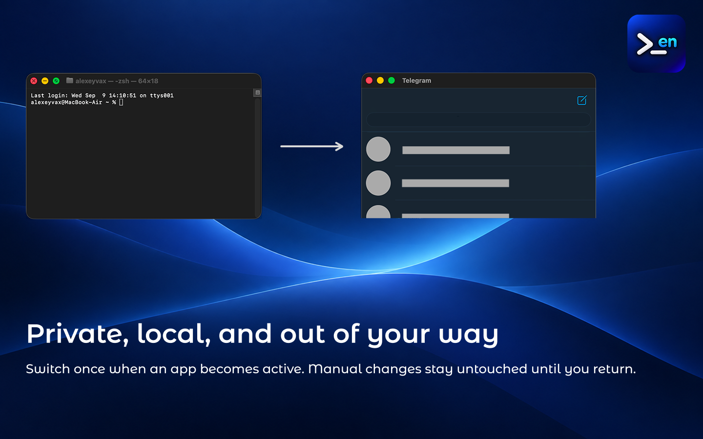 Terminal and Telegram illustrating automatic input-source switching between applications