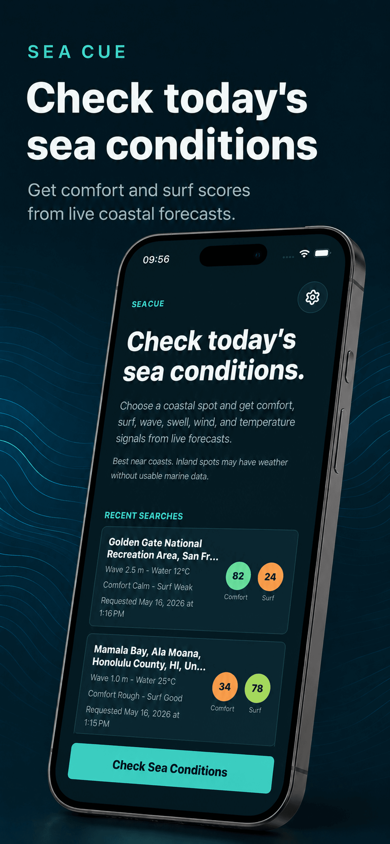 Sea Cue map screen for choosing a coastal forecast location
