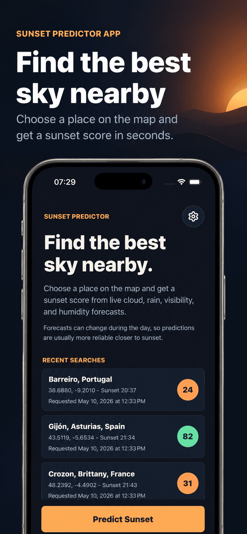 Sunset Predictor map screen with sunset forecast details