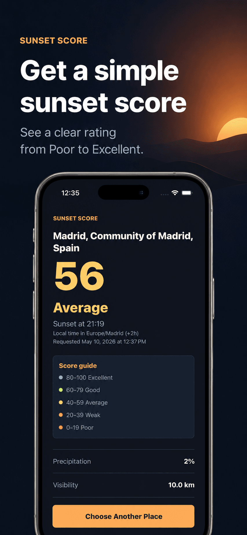 Sunset Predictor settings and recent search screen