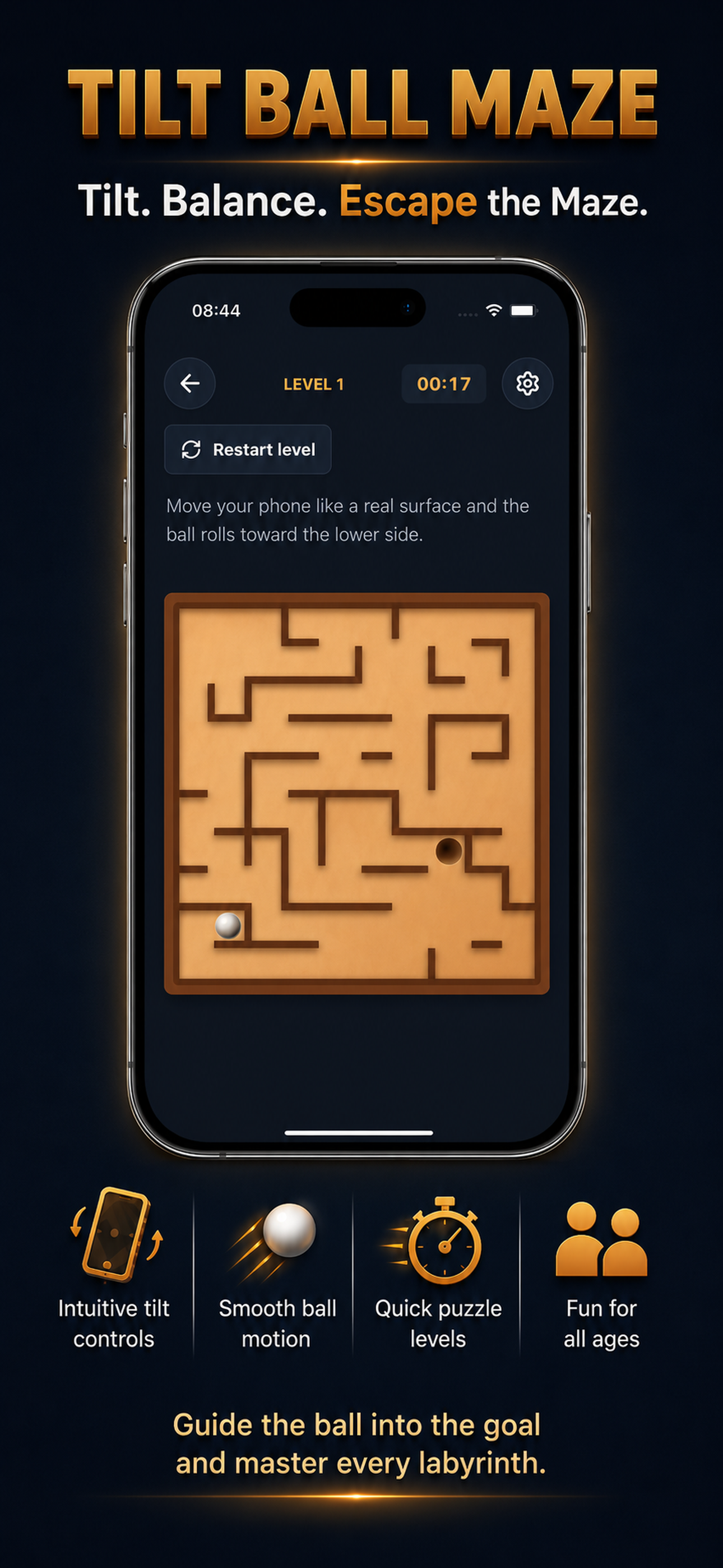 Tilt Ball Maze gameplay screen with a rolling ball in a labyrinth